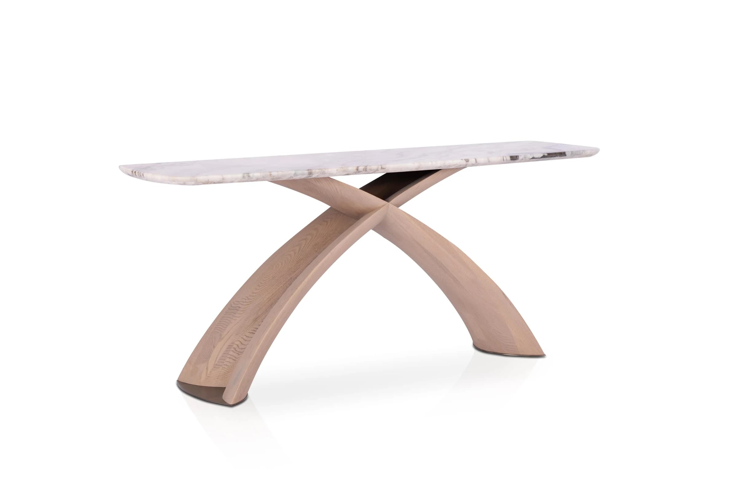 Consola con tapa veteada y patas cruzadas en arco 180 × 45 cm