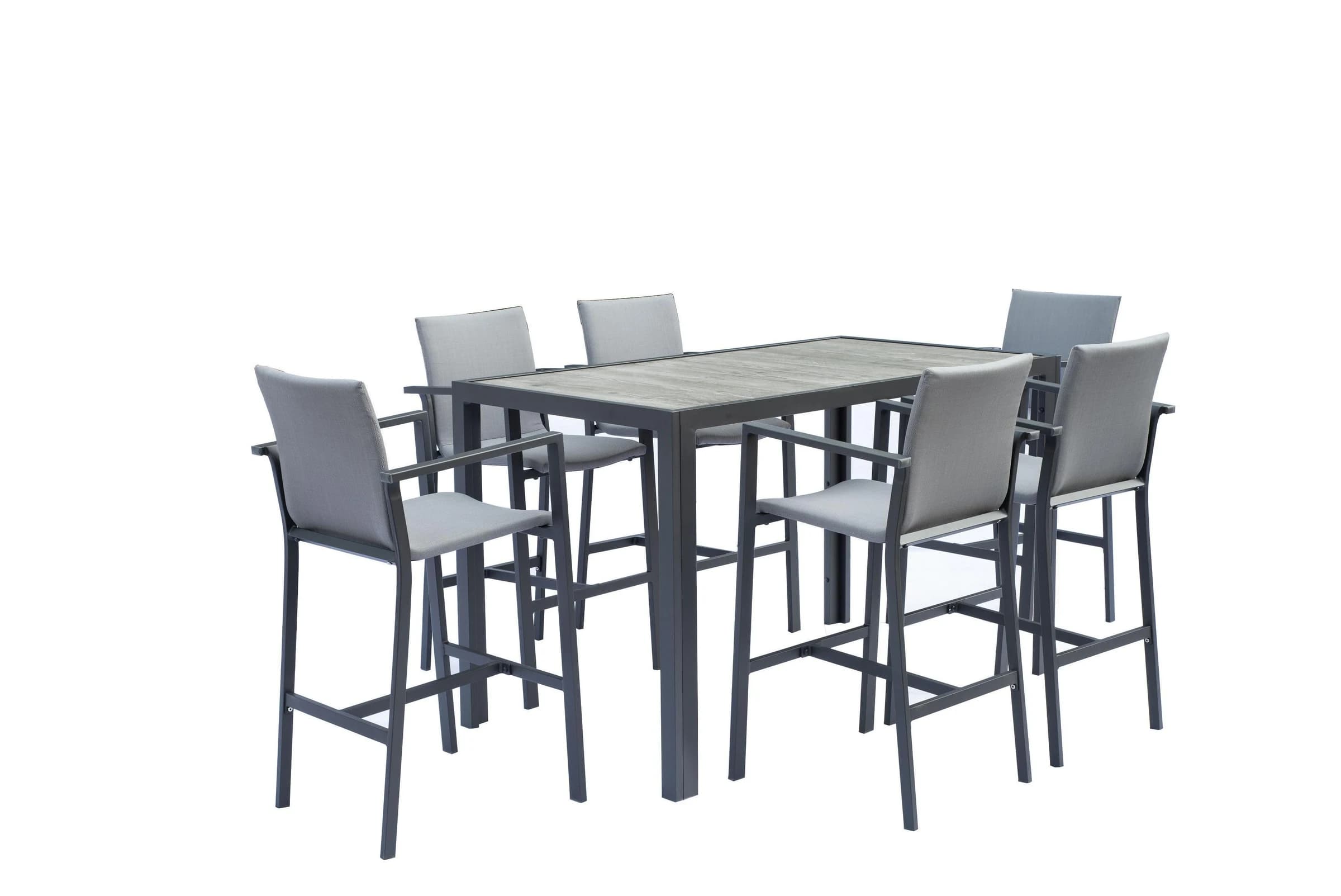 Juego de bar de exterior con mesa alta y seis banquetas con respaldo