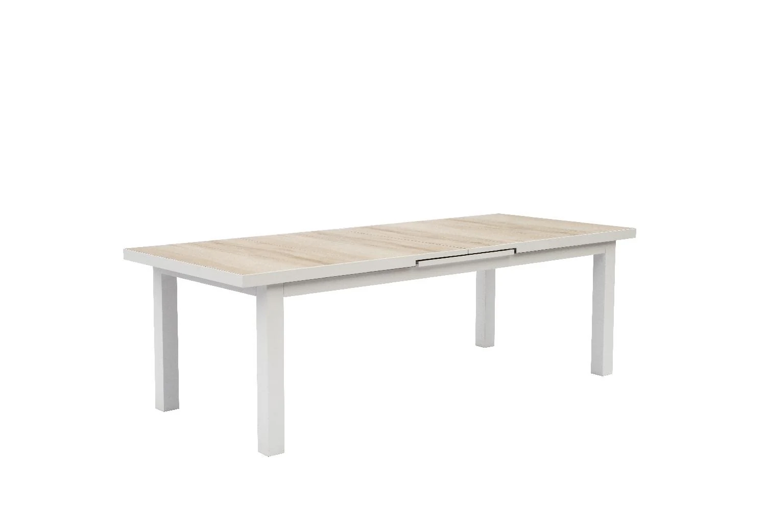 Mesa de comedor extensible de exterior con tapa de baldosa y estructura blanca