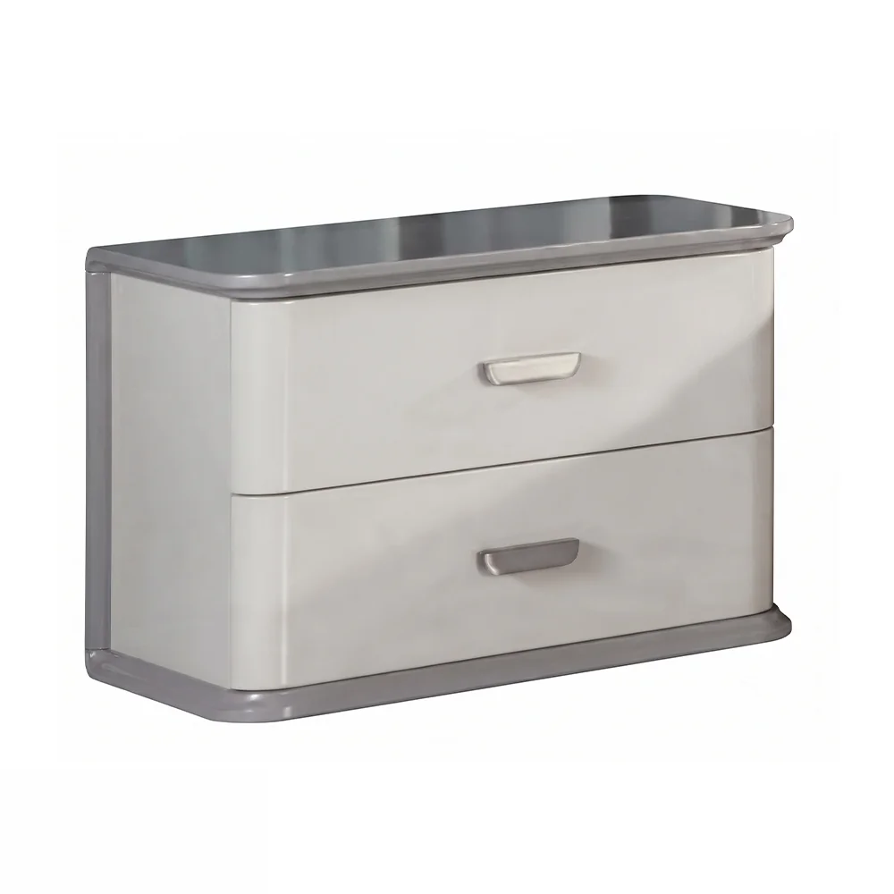 Mesa de luz de dos cajones con tapa gris y zócalo