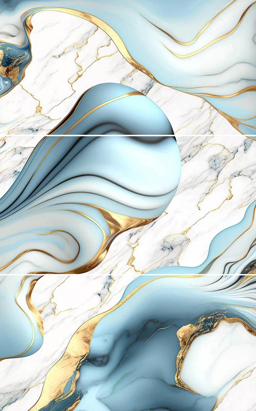 Revestimiento símil mármol blanco y azul con vetas doradas 03
