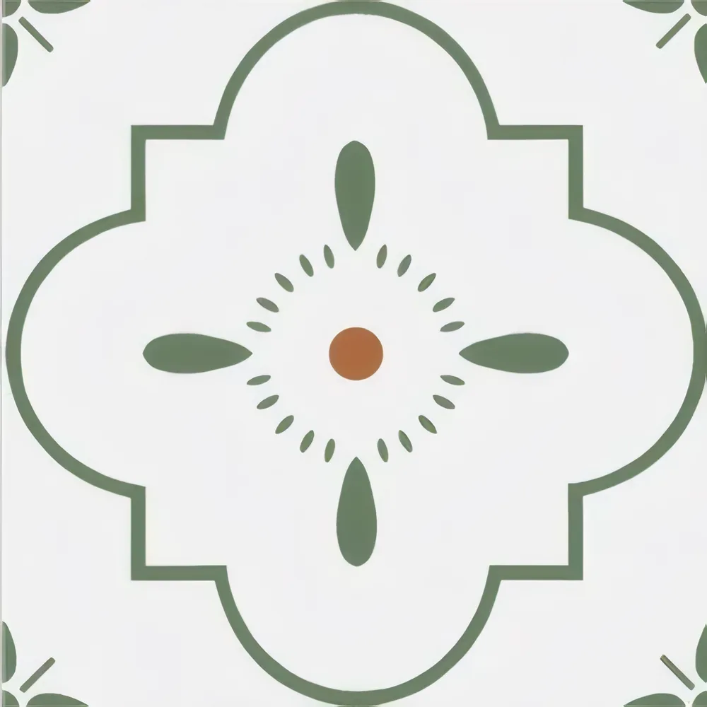 Porcelanato decorado medallón cuatrifolio verde 40 × 40