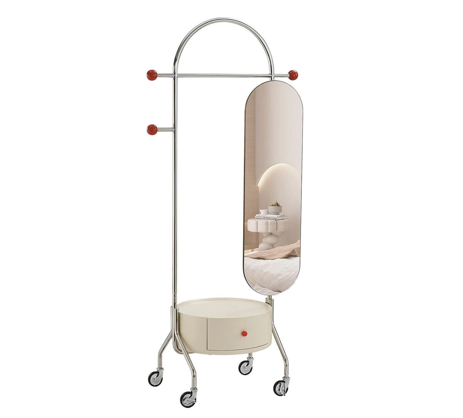 Perchero de acero inoxidable con espejo giratorio y mueble redondo 78 × 48 cm