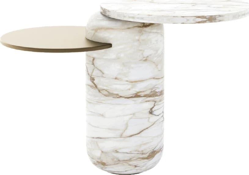 Mesa auxiliar símil piedra blanca con bandeja lateral