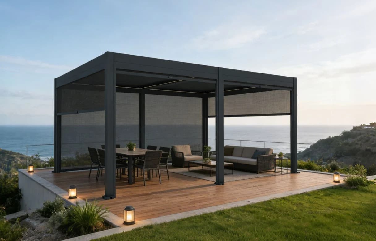 Pérgola de aluminio de lamas orientables con poste de 120 mm, de 3 × 3 a 6 × 4 m