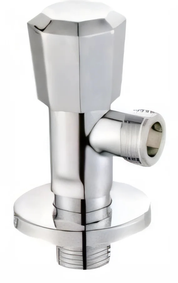 Llave de paso de escuadra con maneta octogonal facetada y roseta