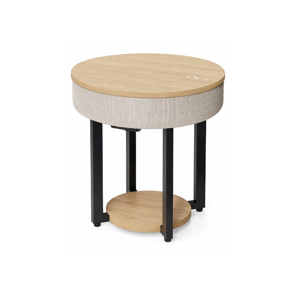 Mesa auxiliar redonda con parlante a batería, tapa clara y estante 46 cm