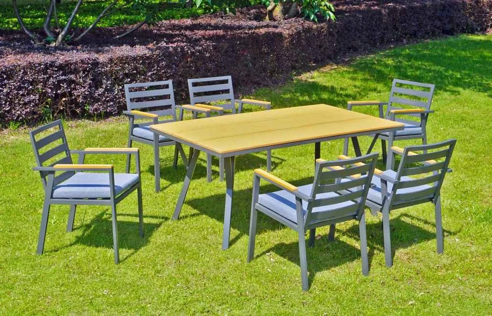Juego de comedor de 7 piezas de aluminio, mesa de polywood y sillas con almohadones