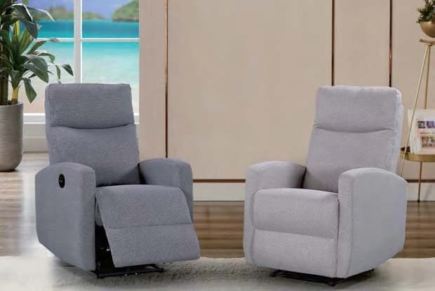 Sillón Aroche · Sillón reclinable de líneas rectas con brazos finos, en dos grises