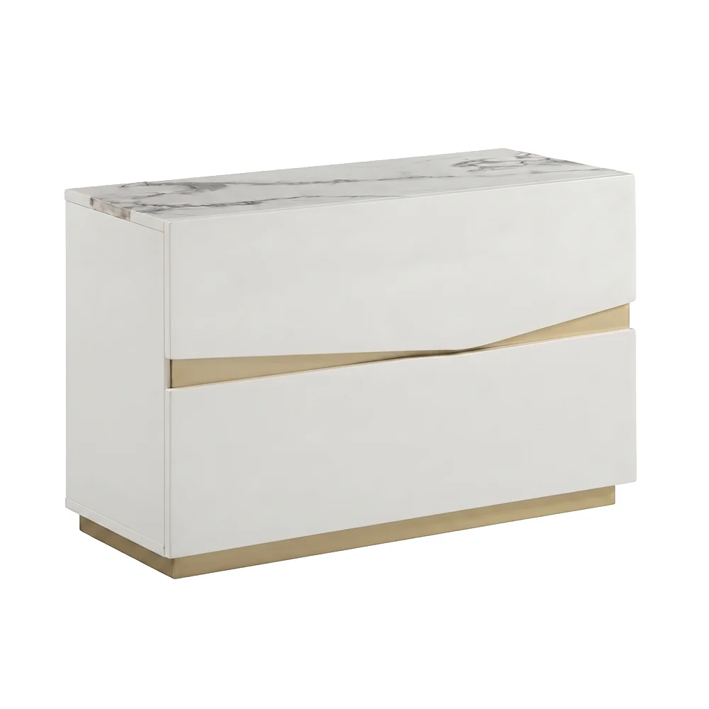 Mesa de luz de dos cajones con corte diagonal y tapa blanca veteada
