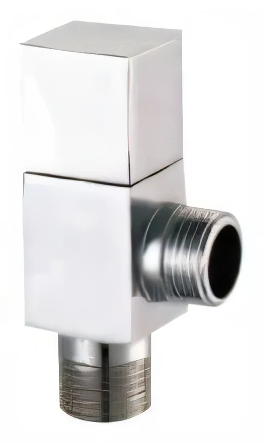 Llave de paso de escuadra de cuerpo cuadrado y maneta cúbica grande