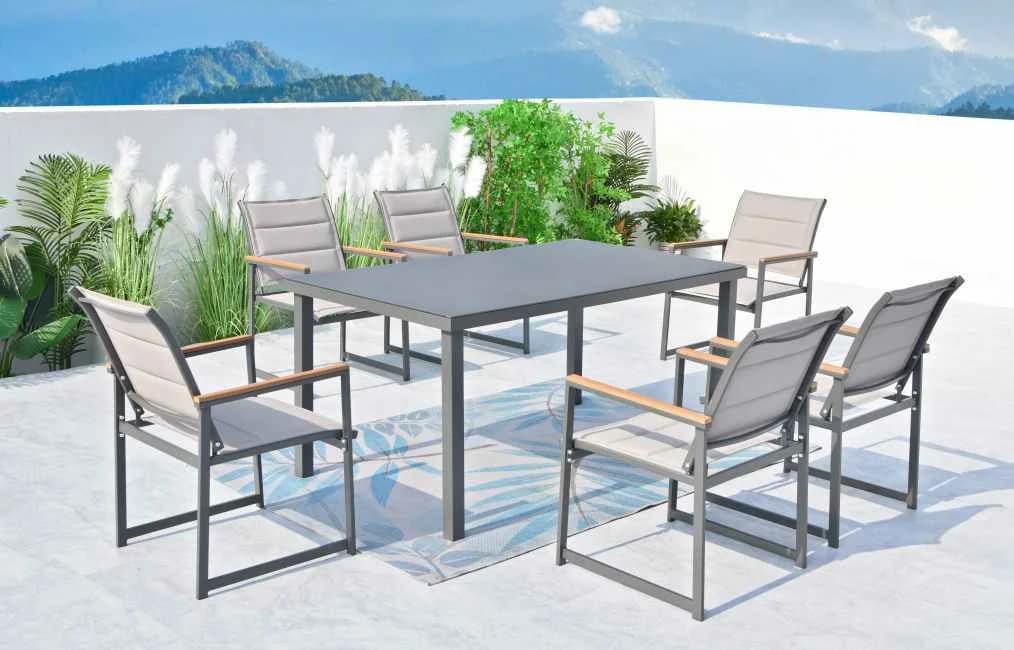 Juego de comedor de 7 piezas de acero, mesa de vidrio templado y sillas con textileno acolchado