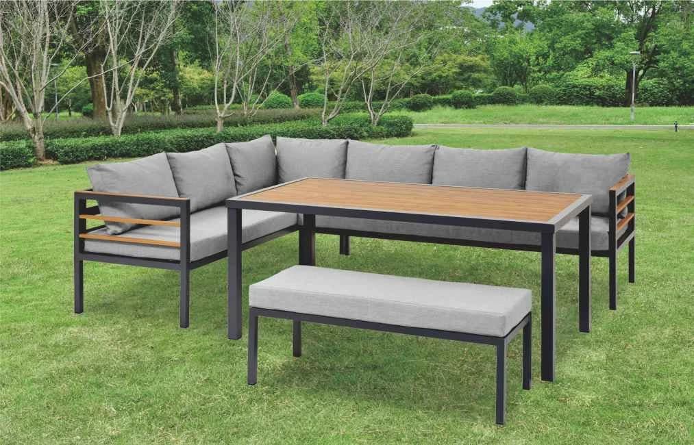 Juego de living esquinero con mesa alta de comedor de aluminio, mesa de polywood y asientos con almohadones · modelo 02