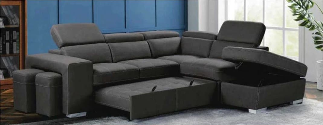 Sofá Barda · Sofá cama esquinero con baúl y dos pufs, gris oscuro
