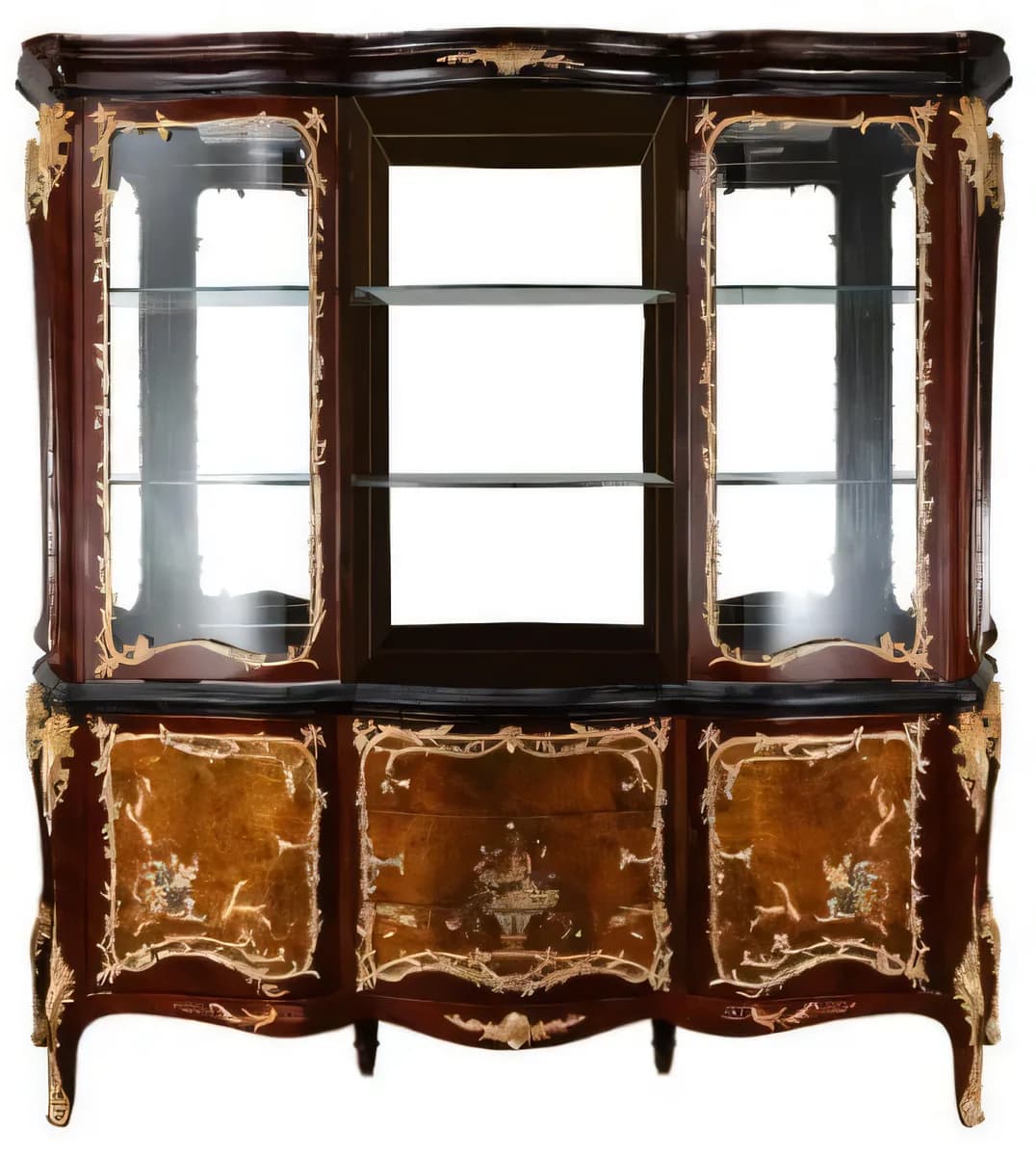 Vitrina de tres cuerpos con base de puertas y apliques dorados 234,5 × 59 cm