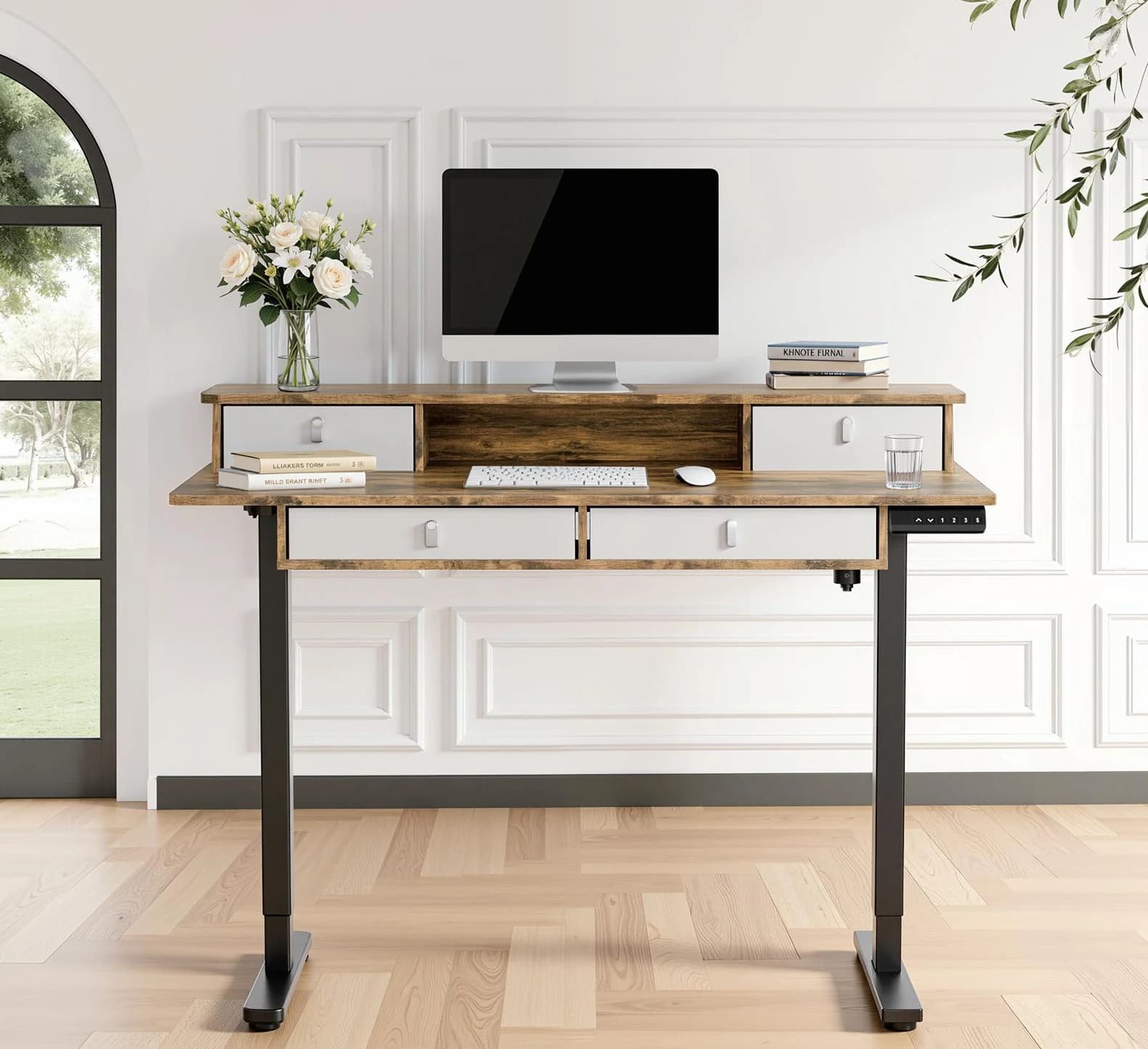 Escritorio regulable eléctrico con estante elevado, cajones de dos niveles y gancho 120 × 69 cm