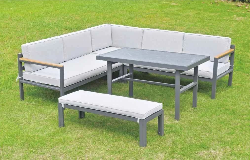 Juego de living esquinero con mesa alta de comedor de acero, mesa de vidrio templado o vidrio símil piedra y asientos con almohadones