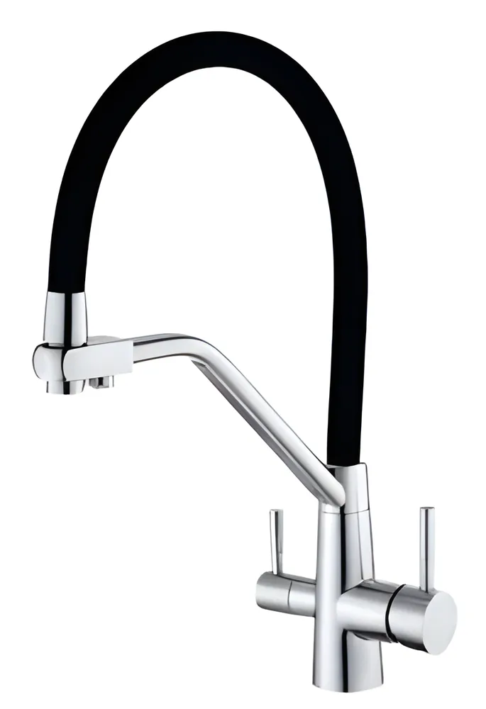 Grifería de cocina para agua filtrada, con caño flexible negro y ducha orientable