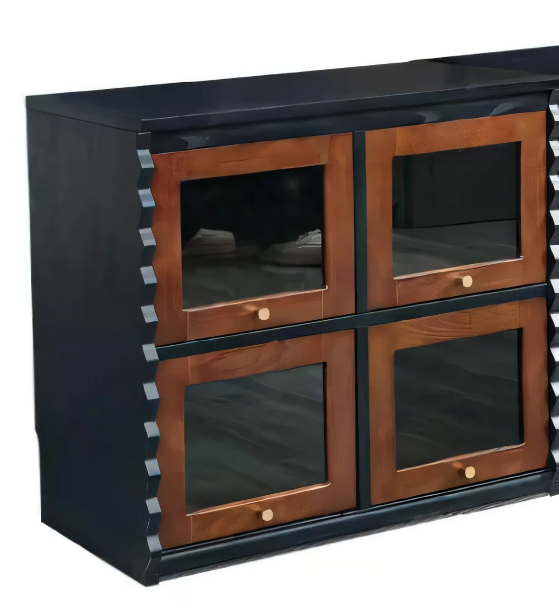 Mueble auxiliar de cuatro compartimentos con puertas transparentes, madera envejecida y negro, 77 × 40 × 74 cm