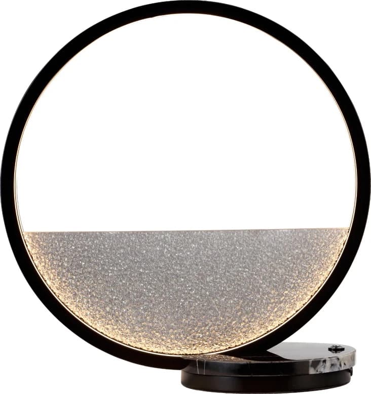Lámpara de mesa de aro negro con vidrio texturado y correa de cuero Ø 36 cm