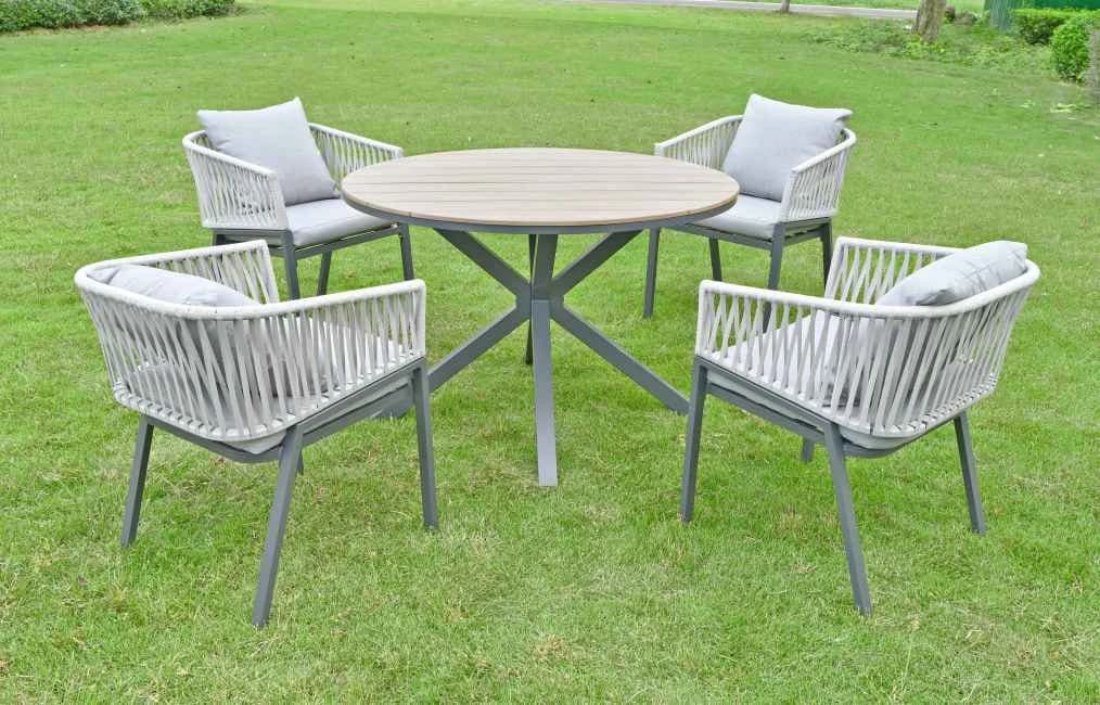 Juego de comedor de 5 piezas de aluminio, mesa de polywood y sillas con almohadones