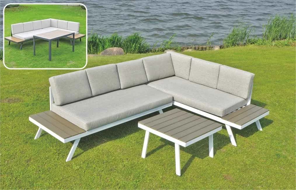 Juego de living esquinero de aluminio o acero, mesa de polywood y asientos con almohadones, gris · modelo 02
