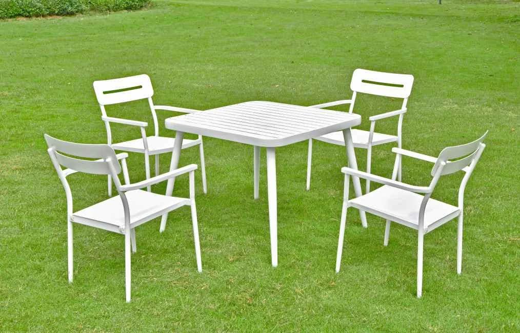 Juego de comedor de 5 piezas de aluminio, mesa de listones de aluminio y sillas con textileno
