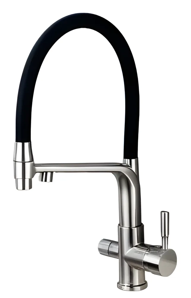 Grifería de cocina para agua filtrada, con caño flexible negro y brazo horizontal