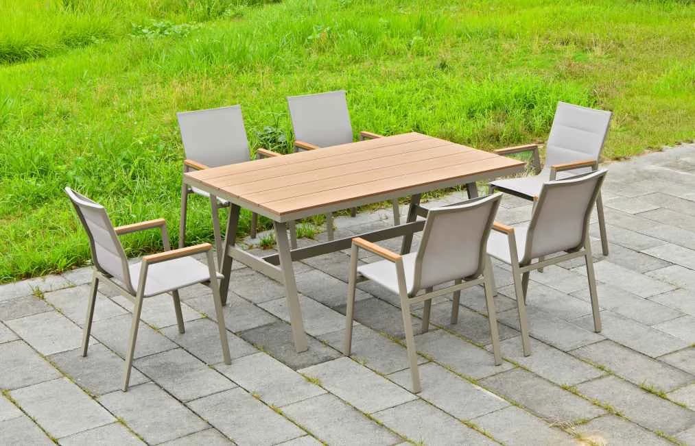 Juego de comedor de 7 piezas de aluminio, mesa de polywood y sillas con textileno acolchado · modelo 01