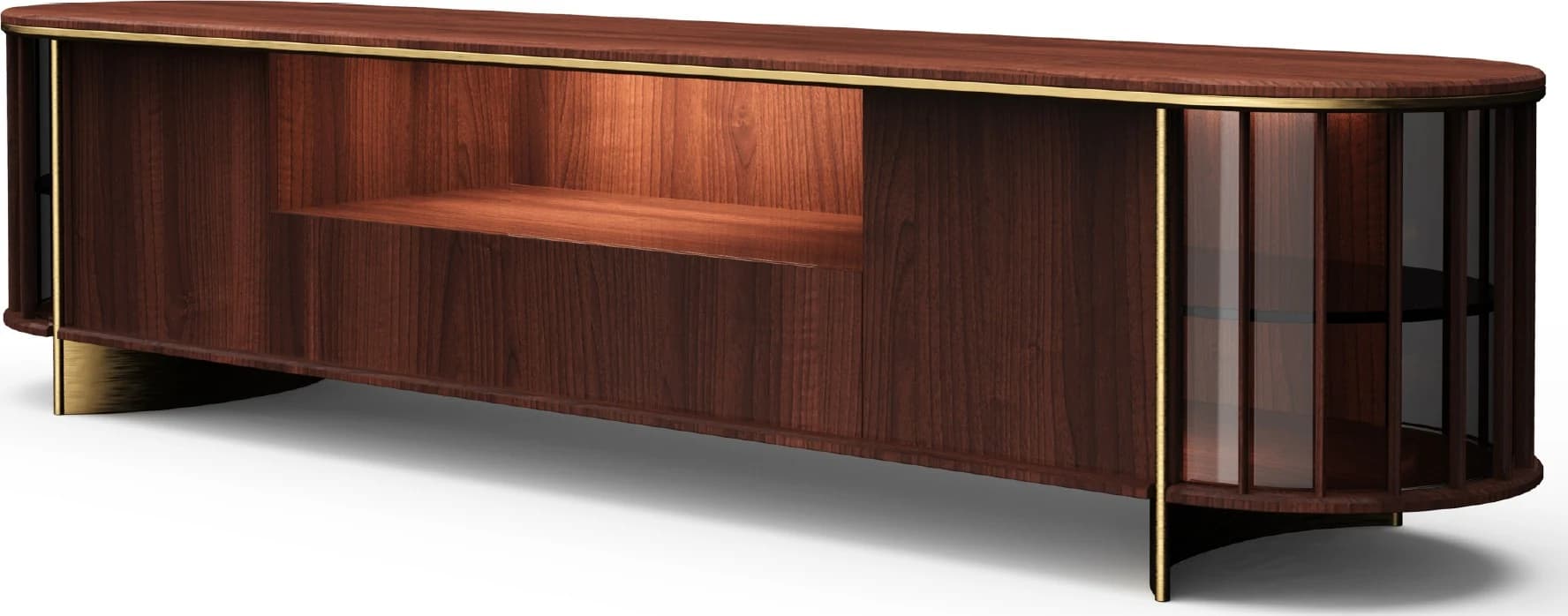 Rack de TV símil madera con extremos curvos transparentes
