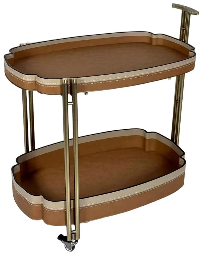 Carrito de bar ovalado de dos bandejas de cuero marrón 58 × 36 × 66 cm