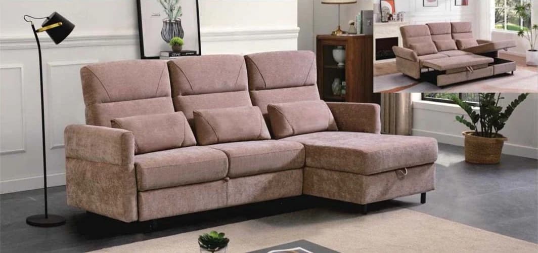 Sofá Candil · Sofá cama de tres cuerpos con chaise longue y baúl