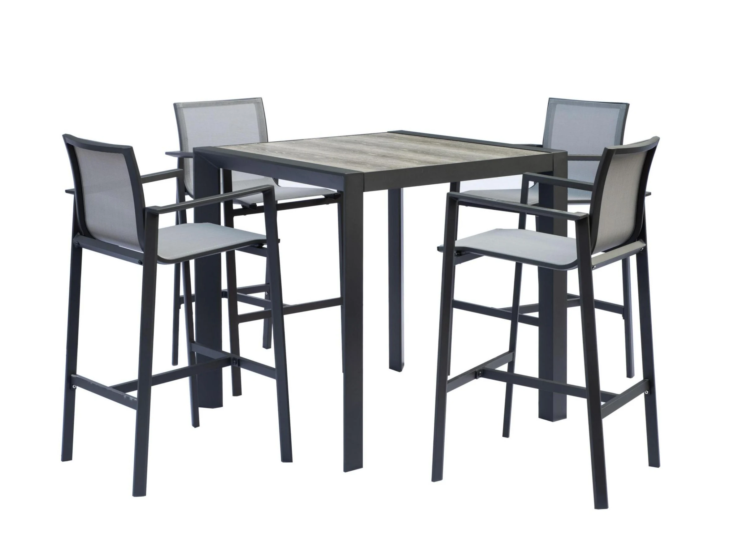 Juego de bar de exterior con mesa alta cuadrada y cuatro banquetas