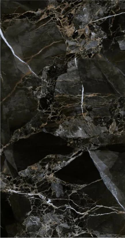Porcelanato o cerámico símil mármol negro con vetas blancas y ámbar