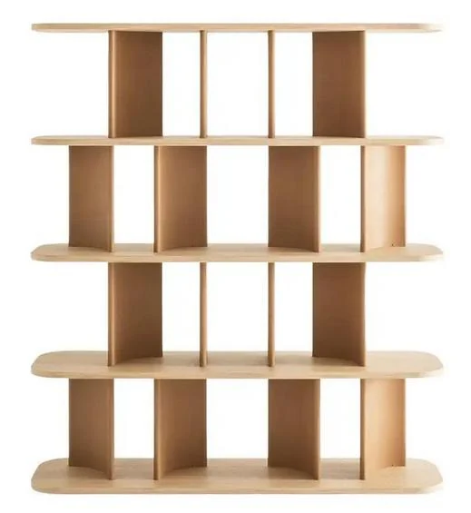 Biblioteca en tono madera con estantes de canto redondeado 160 × 40 × 180 cm