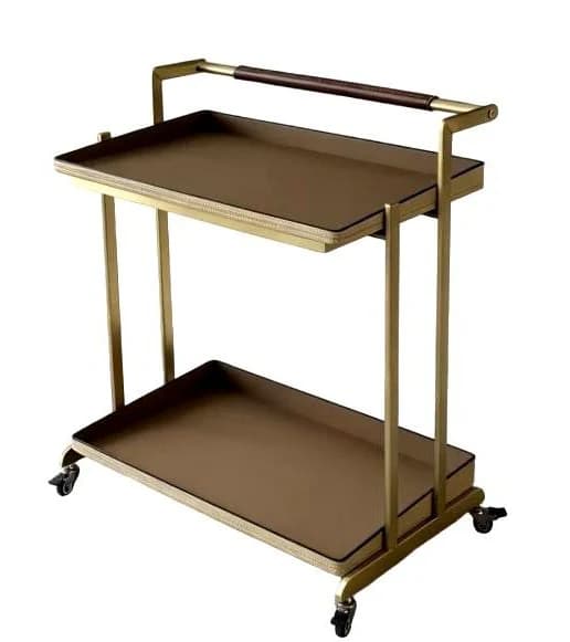 Carrito de bar dorado de dos bandejas de cuero 68 × 36 × 79 cm