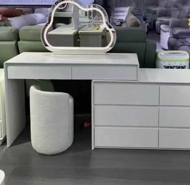 Tocador de dos cuerpos con espejo y banqueta, blanco crema, 120 × 40 cm · modelo 01