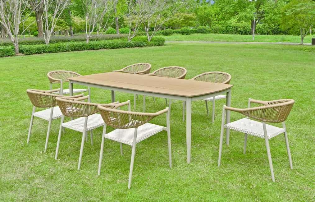 Juego de comedor de 9 piezas de aluminio, mesa de polywood y sillas con textileno · modelo 01