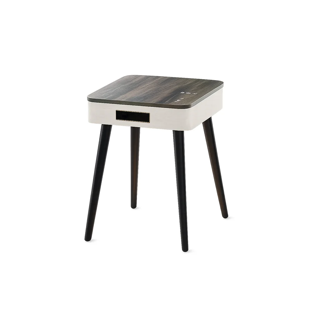 Mesa auxiliar rectangular con parlante a batería y patas símil madera 40 × 48 cm