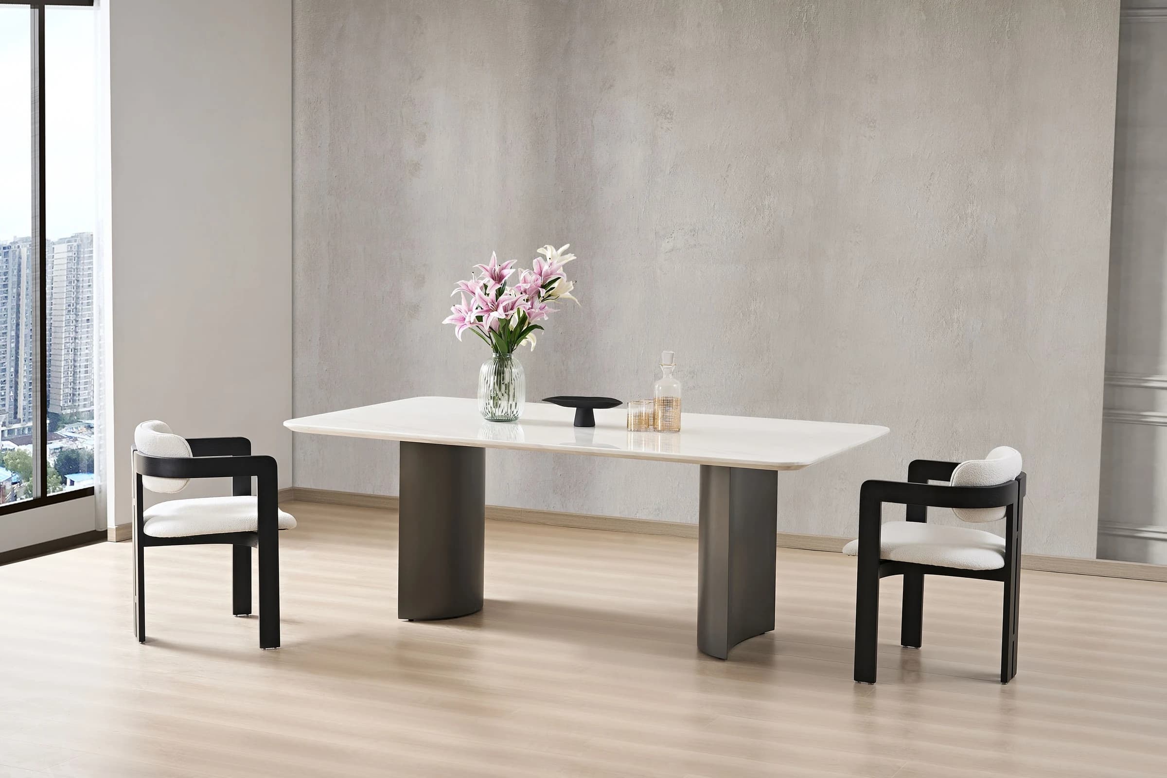 Mesa de comedor rectangular con dos pies curvos