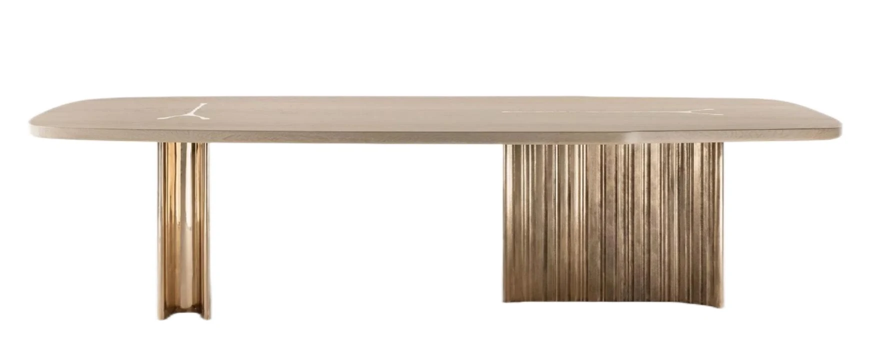 Mesa de comedor con tapa clara y patas acanaladas plateadas 305 cm