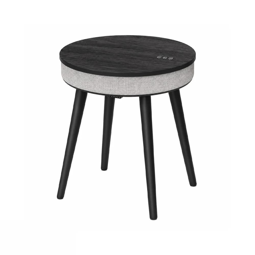 Mesa auxiliar redonda con parlante a batería y cuatro patas de madera 46 cm