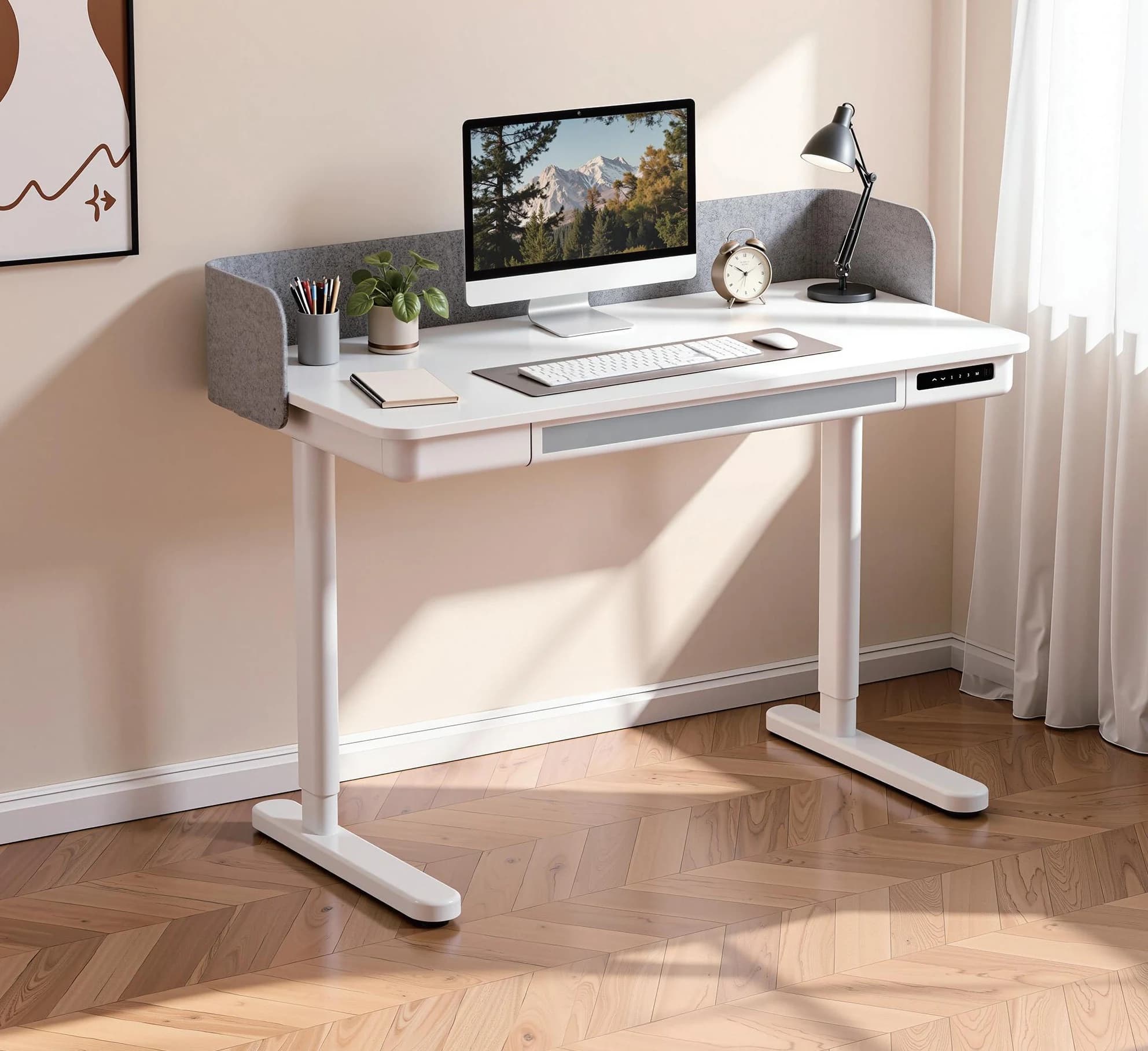 Escritorio regulable eléctrico con paneles de privacidad, USB y cajón oculto 120 × 60 cm