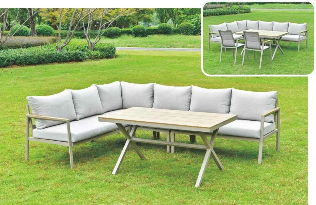 Juego de living esquinero con mesa alta de comedor de aluminio, mesa de polywood y asientos con almohadones, gris claro · modelo 01