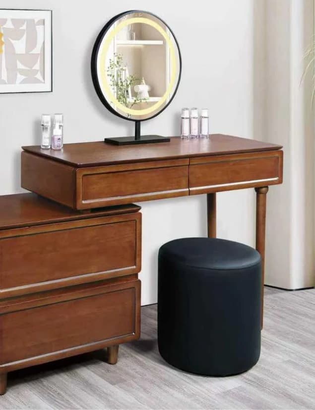 Tocador de dos cuerpos con espejo y banqueta, madera envejecida, 100 × 40 cm