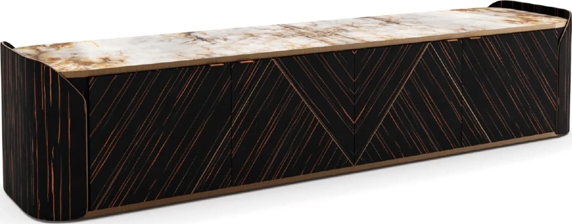 Rack de TV símil madera oscura con tapa veteada