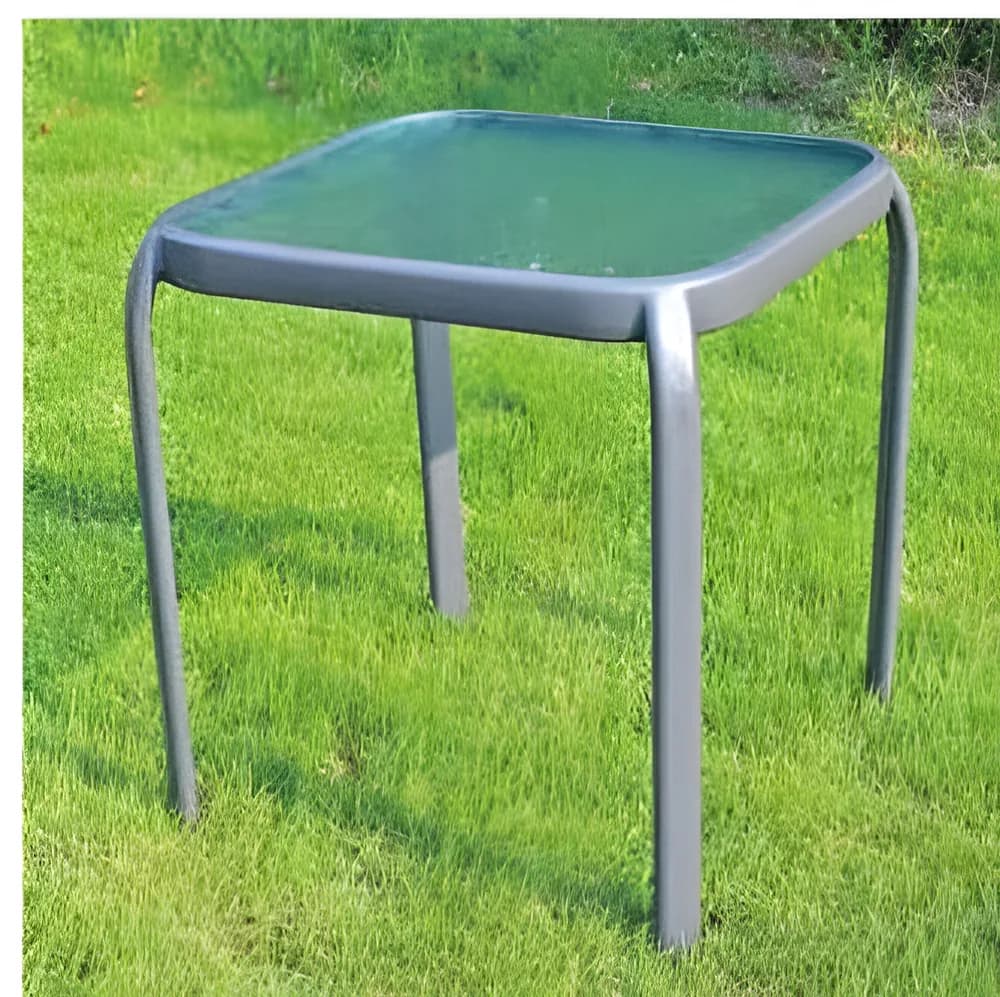 Mesa auxiliar de exterior de acero con tapa de vidrio templado, gris · modelo 02