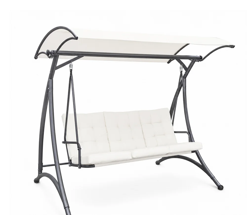 Hamaca de jardín con techo, estructura de acero y asiento con almohadones · modelo 01