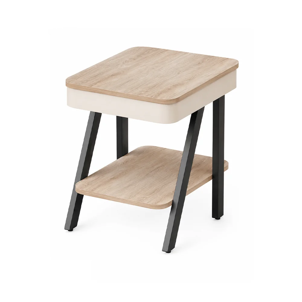 Mesa auxiliar con parlante, cuerpo tapizado y patas de acero en V 40 × 48 cm