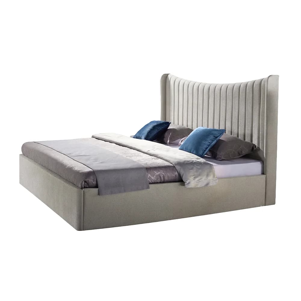 Cama tapizada con respaldo curvo de canales verticales